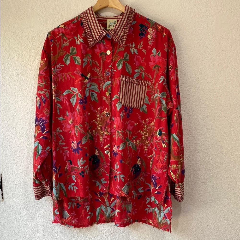 Jaded Gypsy In the Meadow Red Floral Cotton Button-Up Blouse